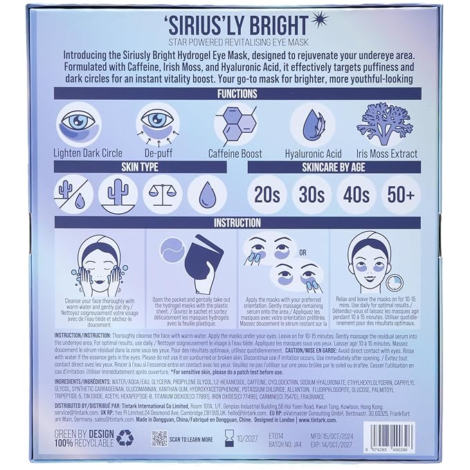 SIRIUSLY BRIGHT Under Eye Patches 28 Pairs, 5-Min Revitalizing Eye Masks with Caffeine Hyaluronic Acid Iris Moss to Reduce Dark Circles and Puffiness, Brightening & Depuffing Gifts for Women