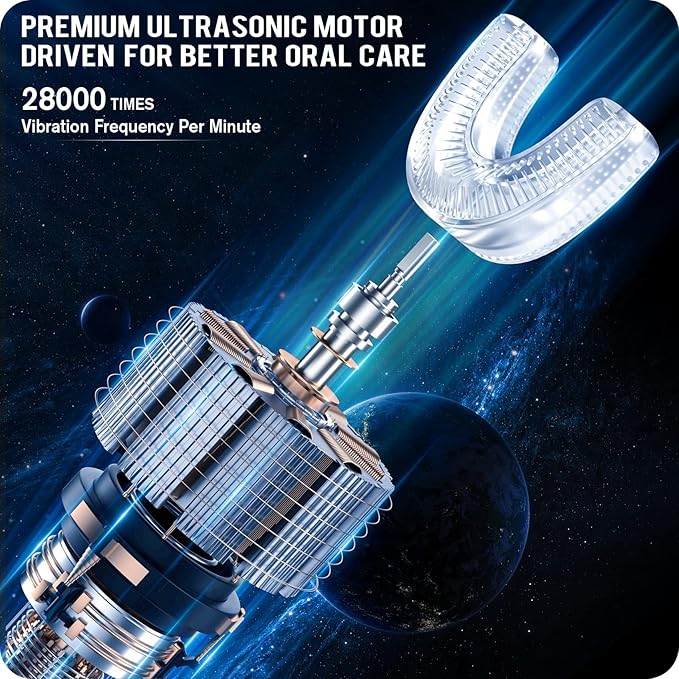 RexCodar Ultrasonic Kid's U-Shaped Electric Toothbrush, IPX7 Waterproof, Five Cleaning Modes, 60S Smart Reminder (Navy Blue, Ages 6-12)