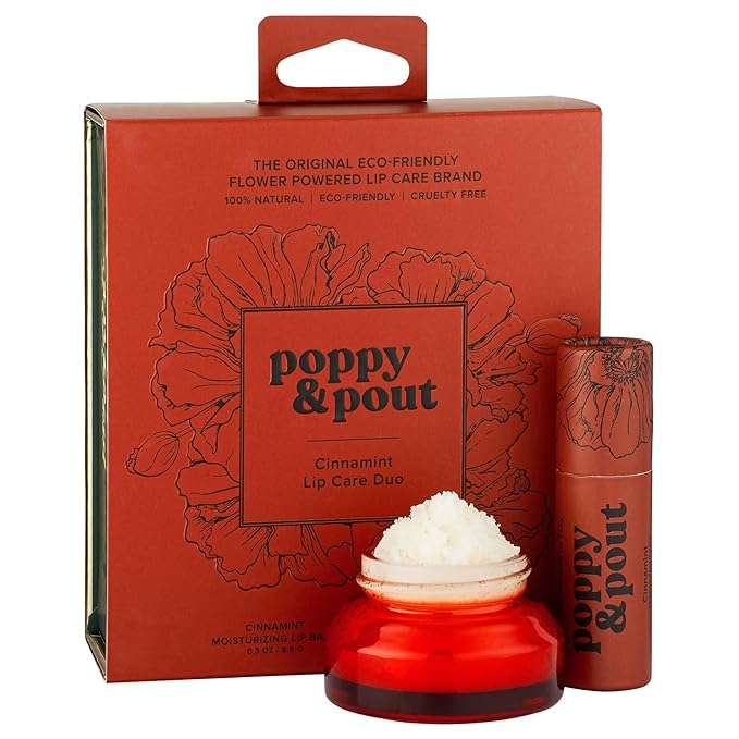 Poppy & Pout Lip Care Set | Lip Balm & Scrub | Sustainable Cardboard Tubes & Glass Jars, All Natural, Beeswax, Coconut Oil, Cruelty Free, Exfoliating & Moisturizing Lip Treatment (Cinnamint)