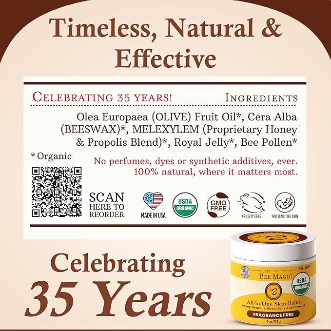 Sweet Bee Magic All In One Healing Organic Balm - Natural Skin Healing Cream, Beeswax Balm for Dry Skin, Face & Body Moisturizer - Certified Organic, All Natural Aid - 6 Jars - (2oz Each, 12oz Total)