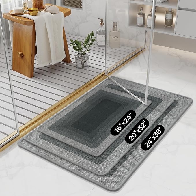 Non Slip Bath Mat Bathroom Rugs, Quick Dry Super Absorbent Washable Shower Bath Mats, Rubber Backing Ultra Thin Bathroom Rug Fit Under Door, Grey 24x36