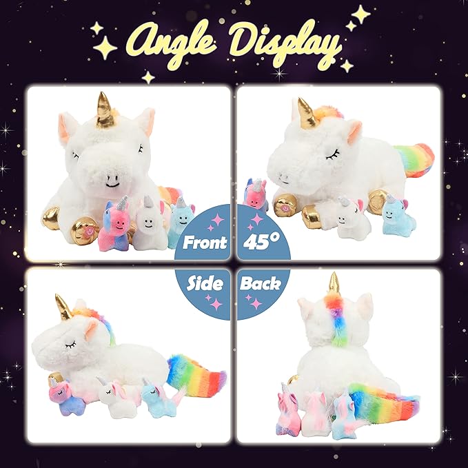 Hopearl LED Plush Unicorn Lighting Up Stuffed Mommy Unicorn with 3 Baby Unicorns in her Tummy Floppy Stuffed Animal Playset Night Lights Glow in The Dark Gifts for Kids Toddler Girls, White, 19''