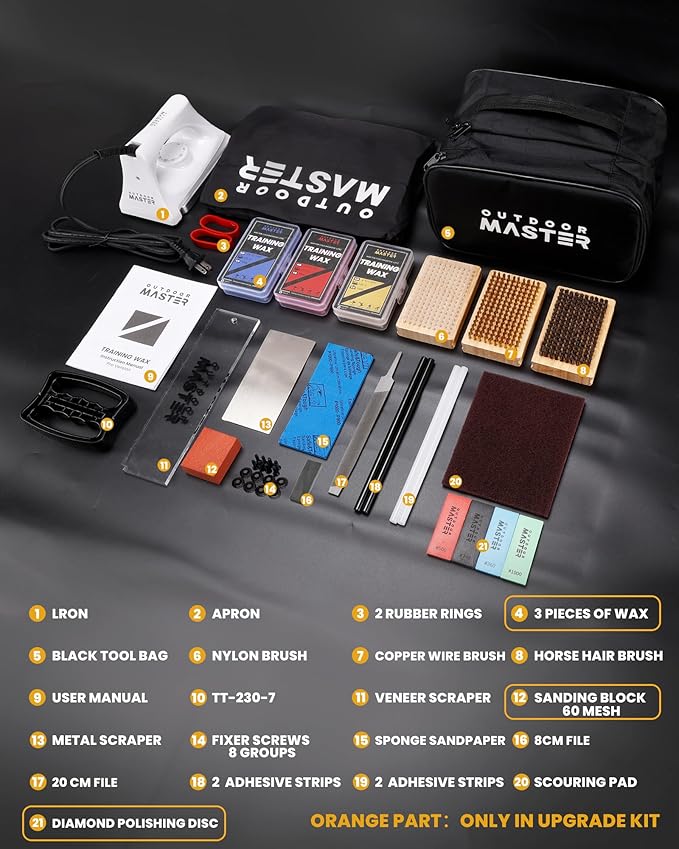 OutdoorMaster Ski Snowboard Tuning and Waxing Kit with Waxing Iron,Universal Wax,Edge Tuner,Brush,Wax Scraper,Ptex,Fixer Screw,Rubber Band