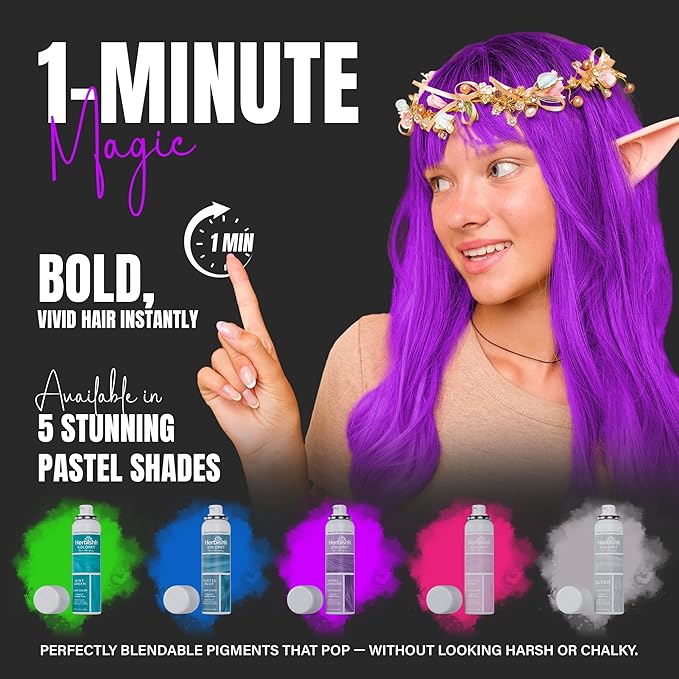 Herbishh Koloret Pastel Lavender Hair Tint Spray (69g), Washable Temporary Dye Mist for Light & Dark Hair, Quick-Dry, Non-Sticky, Travel-Friendly Root Touch Up Spray for Women