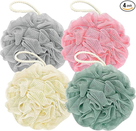 Shower Loofah Bath Sponge, 60G Loofah Exfoliating Body Scrubber, 4 Color Mesh Shower Pouf Balls for Body Wash (Ice Cream)