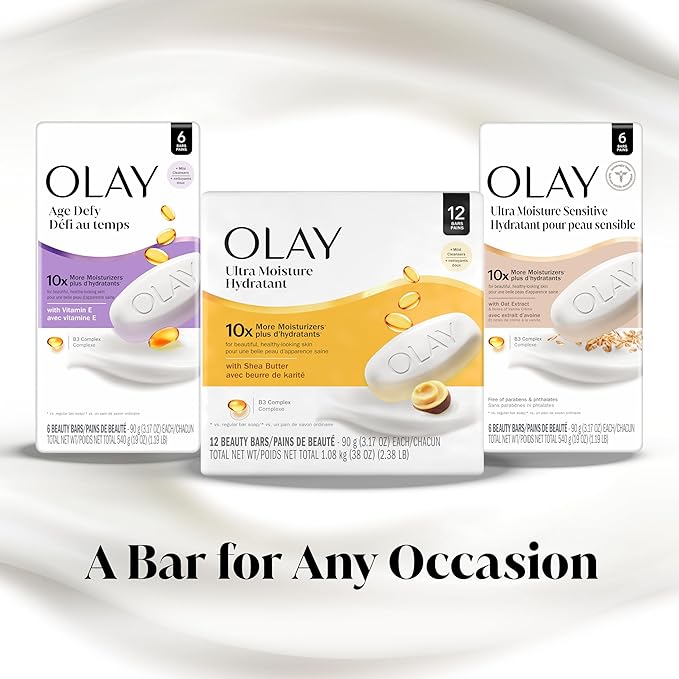 Olay Beauty Bar, Ultra Moisture,10x More Moisturizers, Nourishing Conditioners, Smooth & Gentle on Skin, Vitamin B3 Complex, For All Skin Types, Shea Butter Scent, 3.17 oz, (Pack of 12)