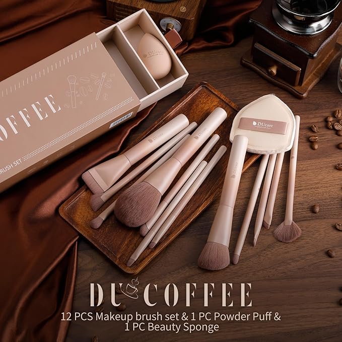 DUcare 14pcs Christmas Makeup Set,12Pcs Coffee Series Makeup Brush set with 2pcs Makeup Sponges Foundation Blending Face Powder Blush Eye Shadows Brushes