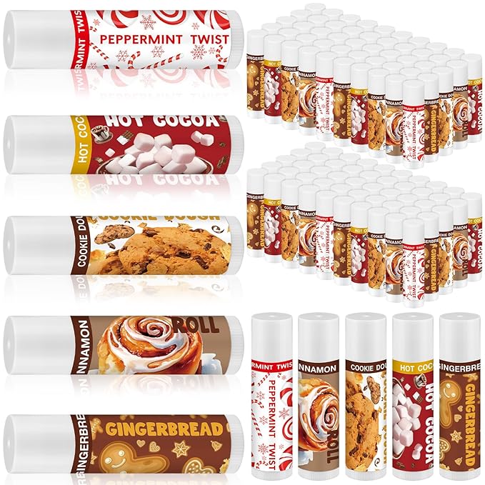 50pcs Christmas Peppermint Flavor Lip Balms Gift Bulk Candy Gingebread Hot Cocoa Cookie Cinnamon Flavor Lip Balm Favor Christmas Party Gift Stocking Stuffer for Coworker Staff Employee (Sweet)