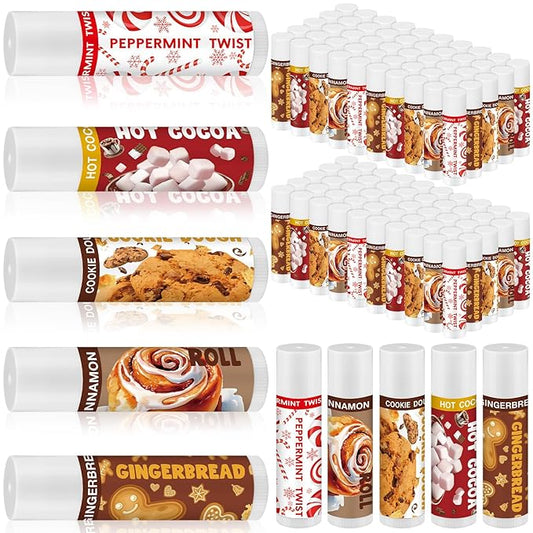 50pcs Christmas Peppermint Flavor Lip Balms Gift Bulk Candy Gingebread Hot Cocoa Cookie Cinnamon Flavor Lip Balm Favor Christmas Party Gift Stocking Stuffer for Coworker Staff Employee (Sweet)