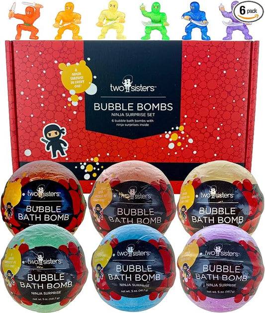 Ninja Kids Bath Bombs with Surprise Toy Inside (6 Pack) - Large Red Bubble Bomb and Fizzies, Gentle and Safe, USA Made - Ideal Gift for Boys and Girls by Two Sisters