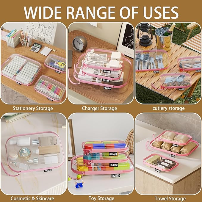 3 PCS Clear Hard Shell Zipper Case With Handle Strap，Clear Plastic Waterproof Cosmetic Makeup Bags Toiletry Pouches for Travel With Double Zipper，Kid's Toy Storage Organizer Bins Box