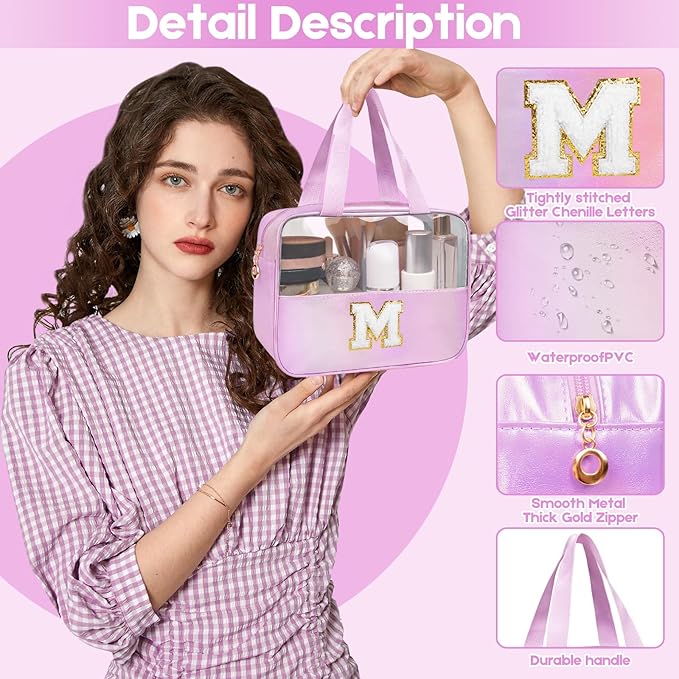 Personalized Initial R Clear Purple Makeup Bag - Large Travel Toiletry Bag, Cute Cosmetic Organizer Set for Girlfriend, Teacher, Teen Girl Gifts