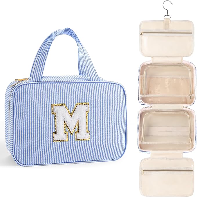 TOPEAST Christmas Gifts for Women Teen Girls Kids - Travel Hanging Toiletry Bag, Personalized Initial Toiletry Pouch, Birthday Gifts for Women Mom Daughter Sister Friends, Cruise Essentials, Blue M