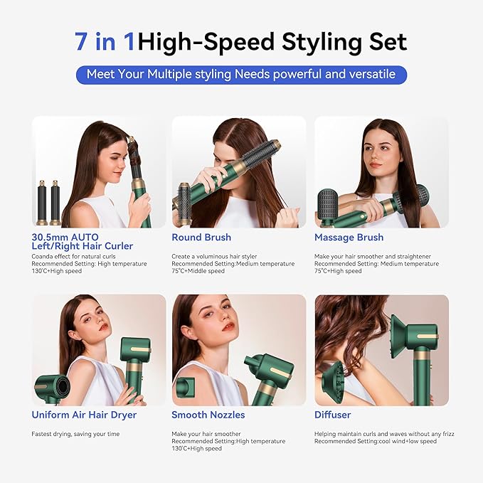 7 in One Blow Dryer Brush Negative Ion Hair Set Upgrade Hot Air Brush Air Styler Curling Wrap Air Curler, Curling Iron Hair Styling Tools As A Gift for Straight/Curl/Drying/Smoothing