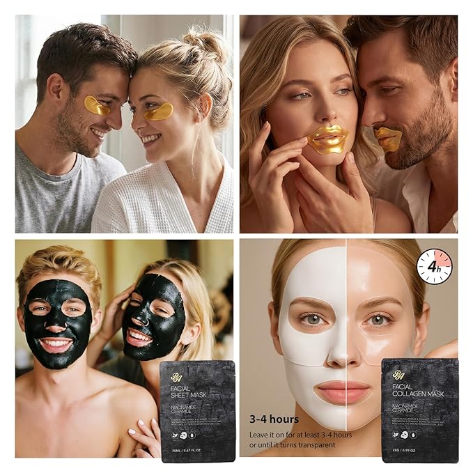 55 Pcs Christmas Gifts for Women & Men, Charcoal Face Sheet Mask Pack, Skin Care Set, Hydrolyzed Real Collagen Mask, Hyaluronic Acid Face Serum, Eye Patches, Self Care Kit, Birthday Gift, Dad, Mom