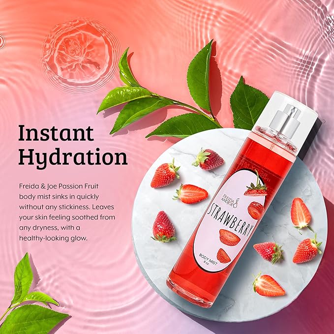 Home Spa Gift 10oz Deep Moisturizing Fragrance Body Lotion & 8 oz. Fine Fragrance Body Mist Set Luxury Self-Care Combo for Women and Girls (Strawberry)