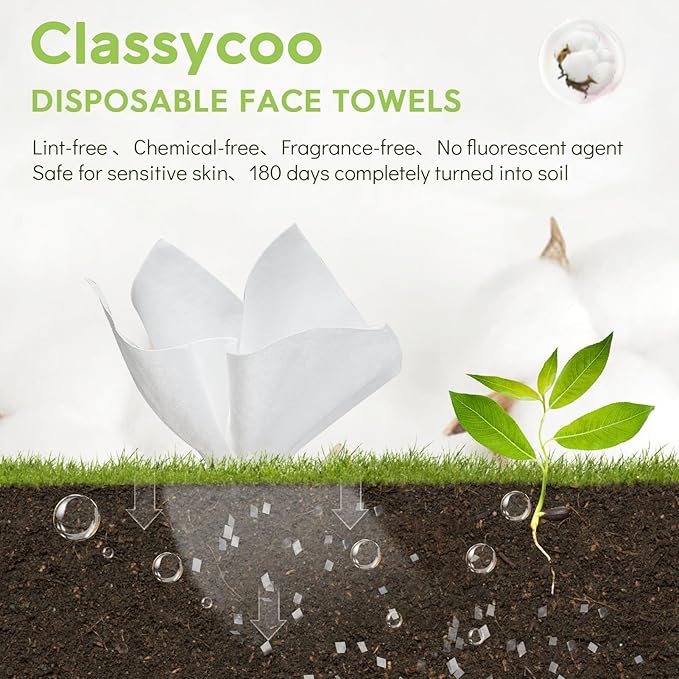 Classycoo XL Disposable Face Towel, 100% Cotton Ultra-Soft for Sensitive-Skin Facial Wipes Cleansing Towels, Odor-Free, Makeup Remover Cloths for Travel, Home Hand Dry Wipe(50 Count)