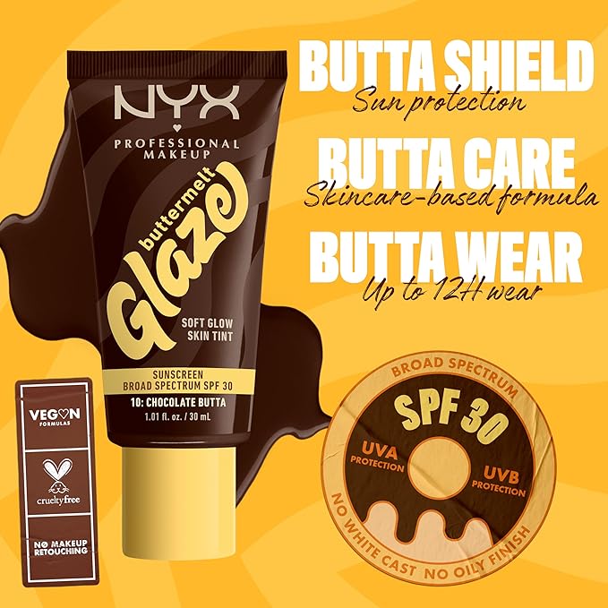 NYX PROFESSIONAL MAKEUP Buttermelt Glaze Soft Glow Skin Tint + SPF 30, Up To 12HR Wear, 10 Chocolate Butta