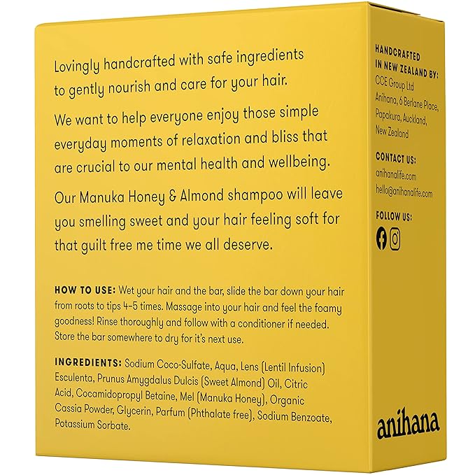 ANIHANA Shampoo Bar for Regular Normal Hair Clean Purifying Natural Healthy Look and Shine Paraben Free Manuka Honey and Almond 2.29 oz