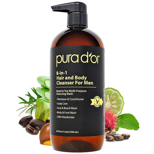 PURA D'OR 24 Oz 8-in-1 Hair & Body Cleanser For Men – Sulfate-Free, Multi-Use Wash for Hair, Face, Beard & Body, with Organic Aloe Vera, Cedarwood & Lemongrass, Energizing & Deodorizing Formula