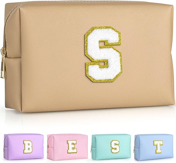 TOPEAST Initial Cosmetic Bag for Women, Preppy Small Makeup Bag, PU Leather Waterproof Toiletry Bag, Monogrammed Birthday Gifts for Women, Stuff for girls (Khaki S)