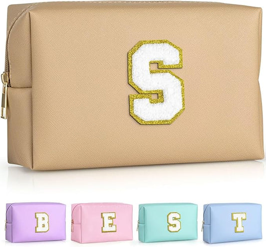 TOPEAST Initial Cosmetic Bag for Women, Preppy Small Makeup Bag, PU Leather Waterproof Toiletry Bag, Monogrammed Birthday Gifts for Women, Stuff for girls (Khaki S)