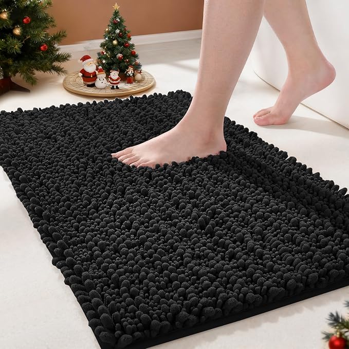 Yimobra Bathroom Rugs Non Slip Washable - Ultra Soft Absorbent Chenille Bath Mat, Quick Dry Shaggy Floor Carpet for Tub Shower, Black Home Decor Accessories, 24x17 Inch