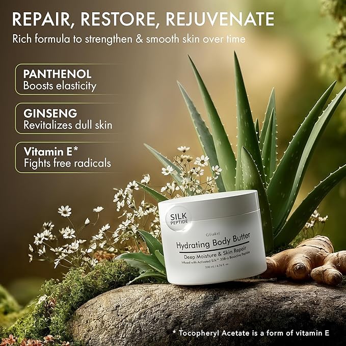 Hydrating Silk Peptide Body Butter - Lightweight Non-Greasy Moisturizer with Aloe Vera, Vitamin E & Herbal Extracts for Dry, Rough, and Sensitive Skin - Deep Nourishment Body Glaze & Hydration