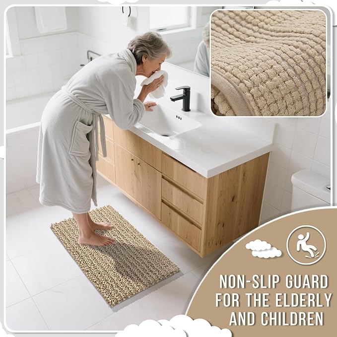 Yimobra Large Bathroom Rugs Non Slip Washable 36x24 Inch - Ultra Soft Absorbent Chenille Bath Mat, Quick Dry Shaggy Floor Carpet for Tub Shower, Camel Home Decor Accessories