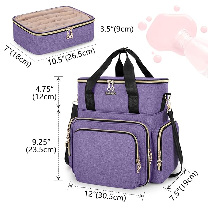 BAFASO Double Layer Nail Polish Organizer Holds 70 Bottles (15ml - 0.5 fl.oz) and a Nail Dryer, Nail Polish Case with 2 Removable Pouches and Tools Storage Sections (Patented), Purple