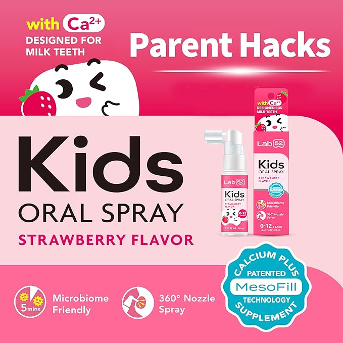 LAB52 Kids Oral Spray, Toddler Toothpaste Helper for Daily Oral Care and Fresh Breath, Children Approved with Fluoride Free for Newborn to Preschoolers, Xylitol (Strawberry & Grape)