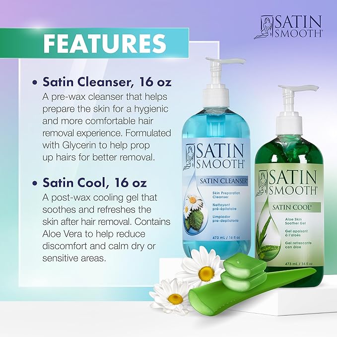 SATIN SMOOTH Pre Wax Cleanser & Aloe Vera Post Wax Cooling Gel Duo - Hair Removal Prep and Aftercare Kit, 16 oz
