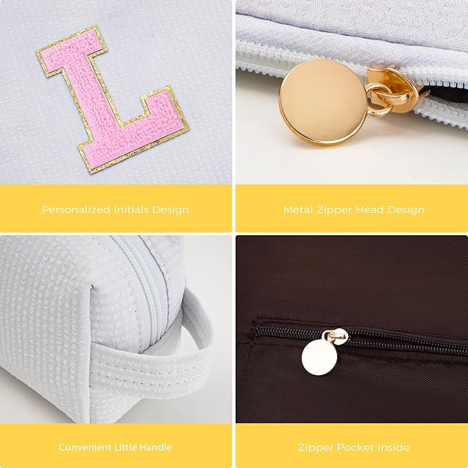 Monogrammed Gifts for Women - Cosmetic Bag for Teen,Initial Cute Makeup Bag Set for Women,Trendy Pouch for Niece Sister Friend Female Her,Birthday Gifts for Daughter - White,L