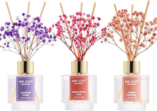 Airkeep Reed Diffuser Set of 3, Lavender Thyme Sandalwood Rose Cherry Blossom Oil Reed Diffusers for Bedroom Living Room Office Aromatherapy Oil Reed Diffuser for Gift 50ml x 3