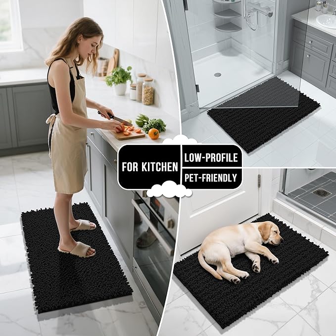 Yimobra Bathroom Rugs Non Slip Washable - Ultra Soft Absorbent Chenille Bath Mat, Quick Dry Shaggy Floor Carpet for Tub Shower, Black Home Decor Accessories, 24x17 Inch