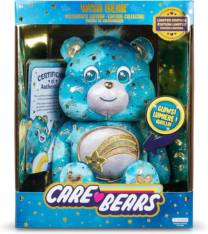Basic Fun Care Bears 35 cm Luminous Belly Plush - Wish Bear - Soft Environmentally Friendly Toy with Illuminated Belly Badge - Comfortable Collectable Item for Children and Fans