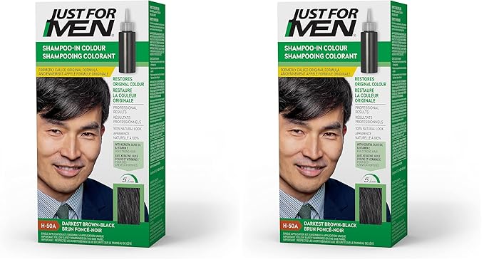 Just For Men Shampoo-In Color (Formerly Original Formula), Mens Hair Color with Keratin and Vitamin E for Stronger Hair - Darkest Brown-Black, H-50A, Pack of 2