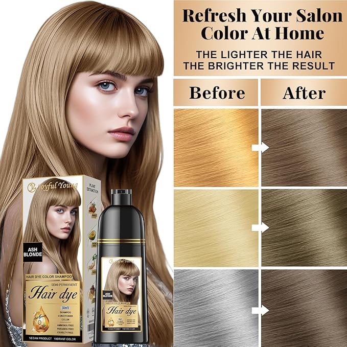 Natural Hair Dye Shampoo 3 IN 1, Gray Hair Coverage, Vegan, Ammonia-Free & Paraben-Free Hair Coloring Shampoo for Women & Men, Beard Dye for Men, Nourishing Gentle (ASH BLONDE)