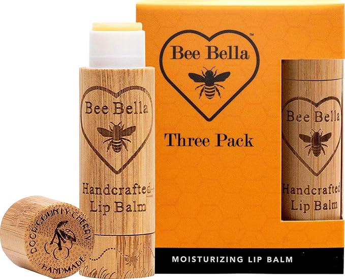 Bee Bella Lip Balm, Cherry, 3 Pack - Moisturizing Lip Care, 100% Natural, Original Organic Beeswax with Vitamin E, Handmade in USA, Gift Item