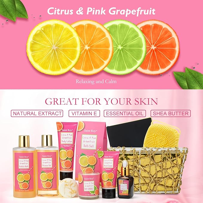 Bath & Body Gift Set, Luxury Christmas Gifts for Women Citrus Pink Grapefruit Spa Kit Gift Woman, 11 Pcs Self Care Kit Gifts With Bubble Bath, Massage Oil, Bath Brush, Birthday Gifts for Women