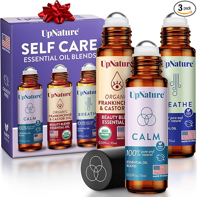 UpNature Self Care Gifts Essential Oil Roll On Set - Relaxation Stress Relief Gifts for Women – 3 Roller Essential Oils (Calm, Beauty & Breathe) Stocking Stuffers for Teen Girls