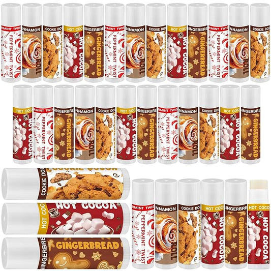 25pcs Christmas Peppermint Flavor Lip Balms Gift Bulk Candy Gingebread Hot Cocoa Cookie Cinnamon Flavor Lip Balm Favor Christmas Party Gift Stocking Stuffer for Coworker Staff Employee (Sweet)