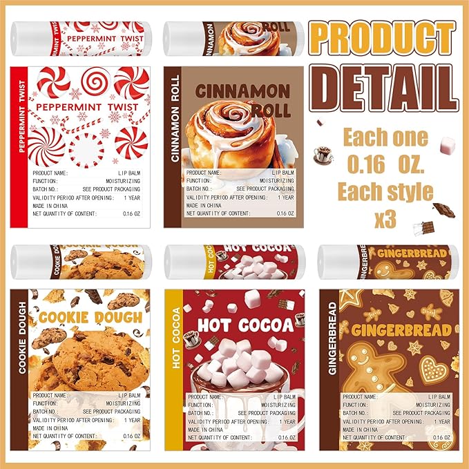 15pcs Christmas Peppermint Flavor Lip Balms Gift Bulk Candy Gingebread Hot Cocoa Cookie Cinnamon Flavor Lip Balm Favor Christmas Party Gift Stocking Stuffer for Coworker Staff Employee (Sweet)