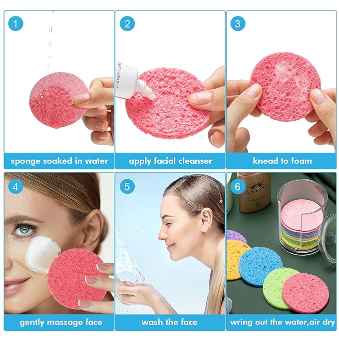 Geiserailie 50 Pcs Compressed Facial Sponges Facial Makeup Natural Cosmetic Spa Sponges for Women Cleansing, Exfoliating Mask, Makeup Removal, Dead Skin, and Dirt, Travel Accessories(Multi-Color)