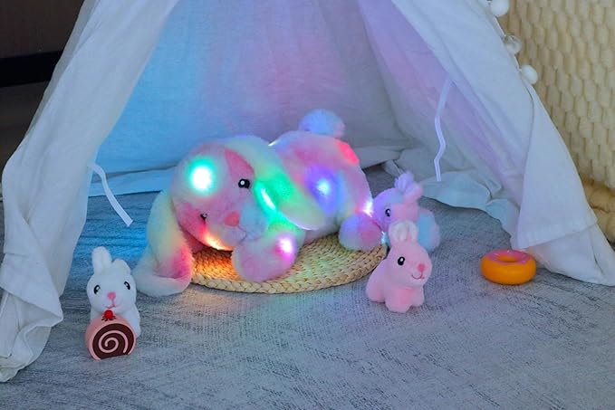 Hopearl LED Stuffed Rabbit Lighting Up Bunny Plush Toy Playset Mommy with 3 Babies in her Tummy Lullaby Animated Soothe for Mom Kids Toddler Girls, Rainbow, 12''