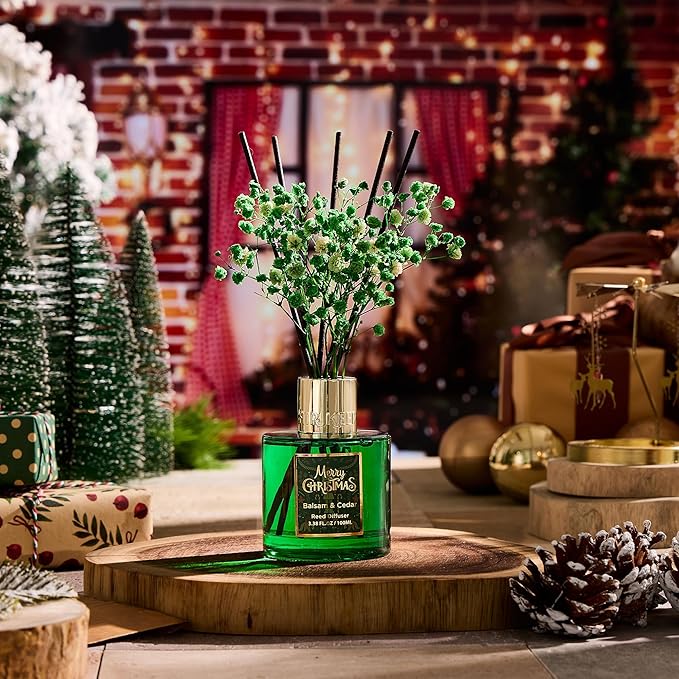 Airkeep Christmas Reed Diffuser Set,3.38 fl oz (100 ml) Reed Diffuser - Balsam&Cedar Oil Diffusers with 8 Reed Sticks, Home Fragrance Reed Diffuser for Bathroom Shelf Decor