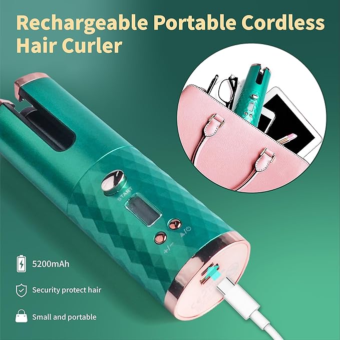 Automatic Curling Iron, Hair Curling Iron for Hair Styling, Cordless Auto Hair Curler, with 6 Temps and Timers, Auto Shut-Off, Fast Heating, Rechargeable Cordless Hair Curler 1 (Green) (Green)