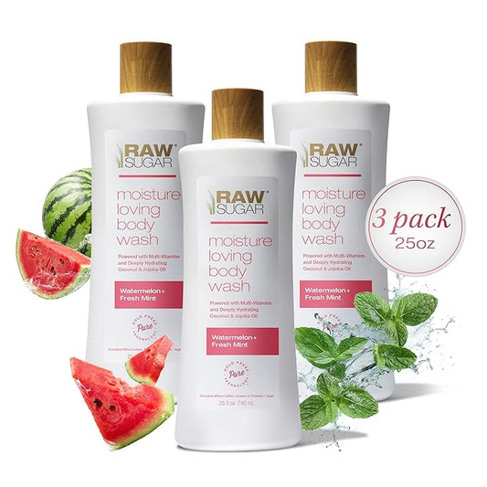 RAW SUGAR Moisture Loving Body Wash - Watermelon + Fresh Mint, Moisturizing & Refreshing Bath & Shower Gel, Sulfate-Free, Paraben-Free & Vegan (Pack of 3)