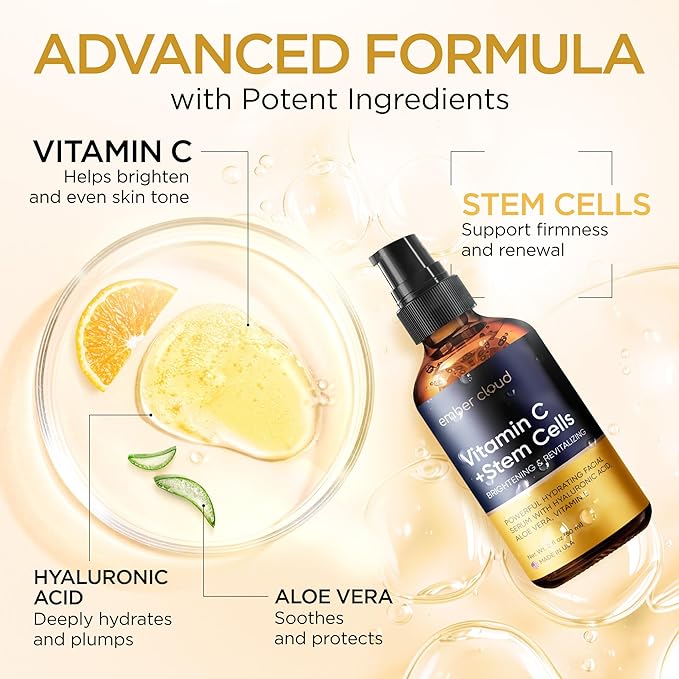 Vitamin C Serum for Face & Eyes (2Oz) with Hyaluronic Acid, Stem Cells, Vitamin E, Aloe Vera - Supports Skin Health & Even Tone
