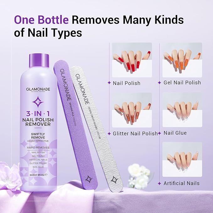 Acetone Nail Polish Remover Kit: Manicure Kit Includes Nail File and Nail Buffer Block, Soak off Gel Polish Remover for Gel Acrylic Glitter Nail Glue for Home Salon(8 Fl.Oz.)